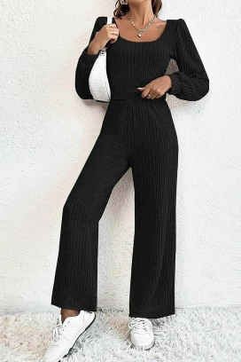 FRENZOLA BLACK modern női szett felsővel és széles szárú nadrággal