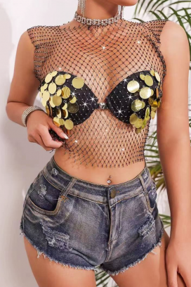 SOLVINA fém elemekkel és flitterekkel díszített hálós felső