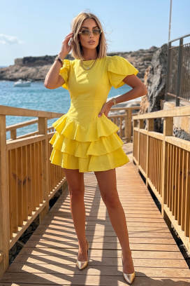 ZOLVENA YELLOW rövid ruha hangsúlyos derékkal, fodorral