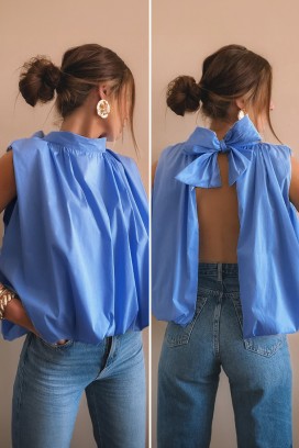 NERINITA BLUE elegáns női felső nyitott háttal, csinos szalaggal