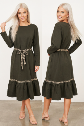 NERAVIA KHAKI midi ruha hosszú ujjakkal, leopárd övvel és fodorral