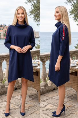 ASEMONA NAVY sportos-elegáns, hosszú ujjú, aszimmetrikus ruha