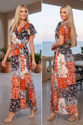 FIORISCA ORANGE lenyűgöző, hosszú ruha gazdag virágos patchwork mintával és romantikus, rövid ujjakkal