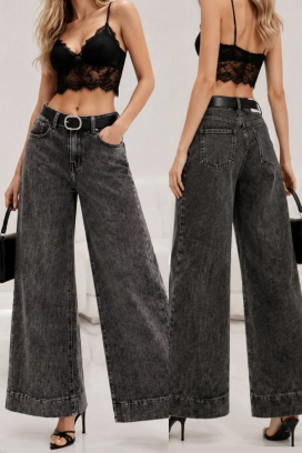 LERENE magas derekú, bő szárú női farmernadrág sötét denim kivitelben