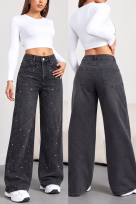 Women' S High-waisted Jeans With Rhinestone Detail, Flared Towards The Ankle. Siyah