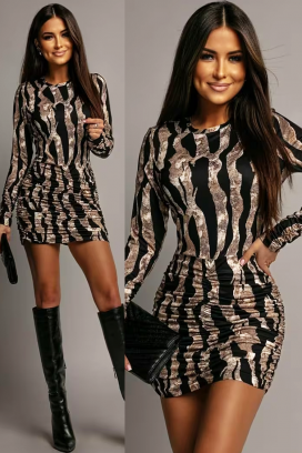 Women' S Long-sleeved, Crew Neck, Ruched Patterned Short Modal Dress Desenli