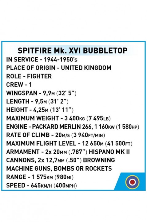 Konstruktor Cobi repülőgép Spitfire Mk. XVI Bubbletop – 152 db-osIVET.HU - A te online butikod.