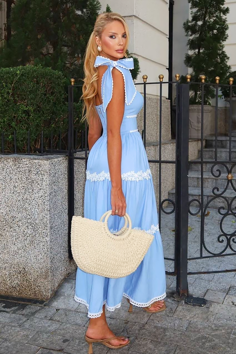 KASIRELA Hosszú ruha elegáns szabással és virágmintás elemekkel, Szín: kék, IVET.HU - A te online butikod.