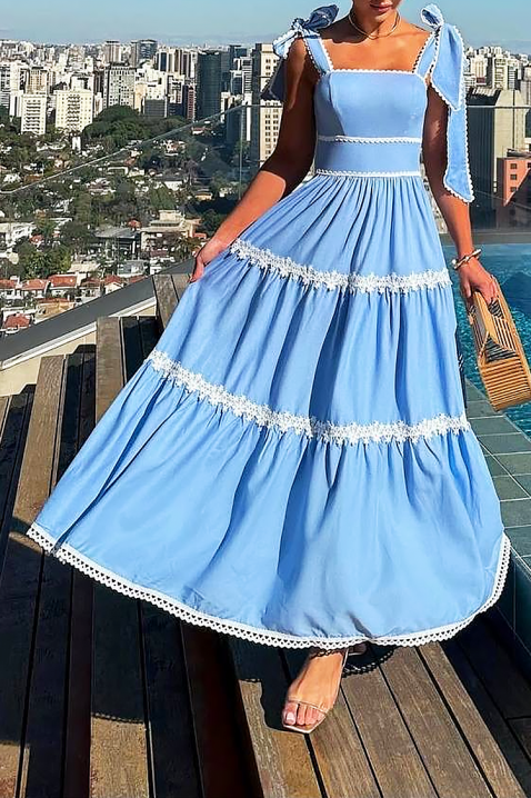 KASIRELA Hosszú ruha elegáns szabással és virágmintás elemekkel, Szín: kék, IVET.HU - A te online butikod.