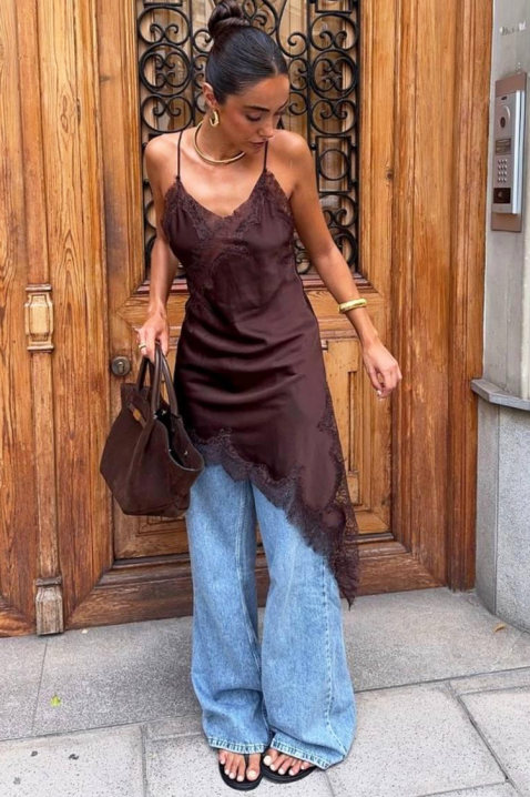 VELIMIRA BROWN aszimmetrikus, finom tunika csipkével és hasítékkal, Szín: barna, IVET.HU - A te online butikod.