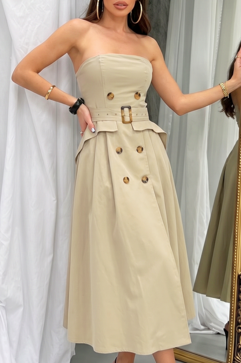 FLORENTIA BEIGE elegáns hosszú, aszimmetrikus, fűzőhatású ruha, bézs színben, Szín: bézs, IVET.HU - A te online butikod.