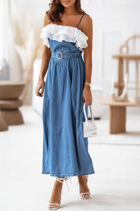 TOMINZA elegáns hosszú ruha fodorral és övvel, Szín: kék, IVET.HU - A te online butikod.