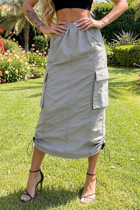 CALZINA GREY női sportos-elegáns midi szoknya magas derékkal, cargo zsebekkel, Szín: szürke, IVET.HU - A te online butikod.