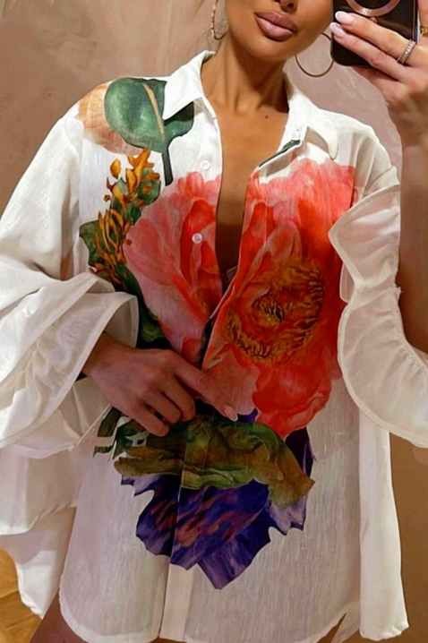 EVGENITA stílusos, aszimmetrikus női blúz látványos virágmintával, Szín: fehér, IVET.HU - A te online butikod.