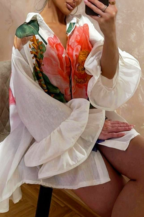 EVGENITA stílusos, aszimmetrikus női blúz látványos virágmintával, Szín: fehér, IVET.HU - A te online butikod.