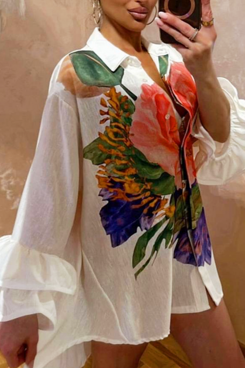 EVGENITA stílusos, aszimmetrikus női blúz látványos virágmintával, Szín: fehér, IVET.HU - A te online butikod.