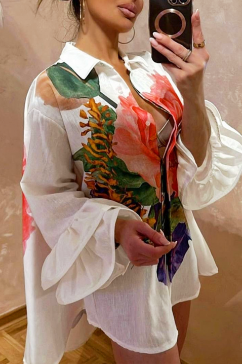 EVGENITA stílusos, aszimmetrikus női blúz látványos virágmintával, Szín: fehér, IVET.HU - A te online butikod.