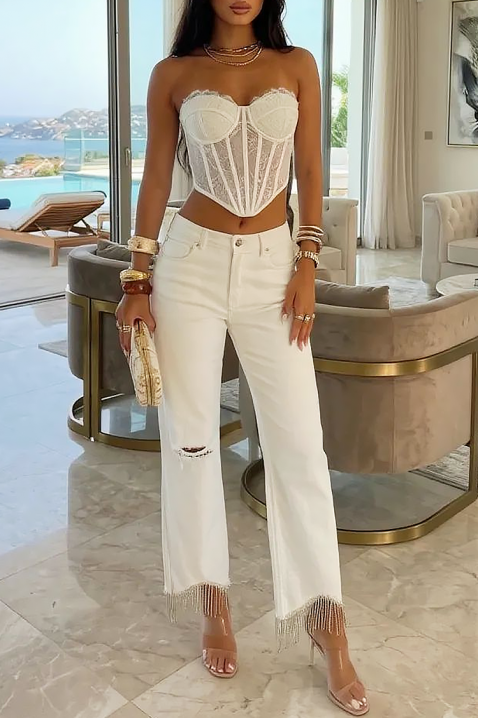 LURISA női fehér farmer rojtokkal, szakadt részekkel, Szín: fehér, IVET.HU - A te online butikod.