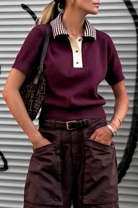 CALVIRA BORDO női kötött felső gallérral, Szín: bordó, IVET.HU - A te online butikod.