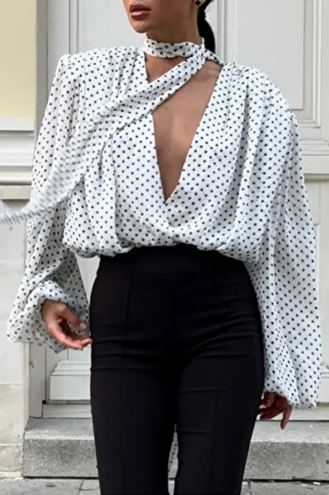 VIALINA női fehér pöttyös blúz V-nyakkal, látványos megköthető masnival, Szín: fehér/fekete, IVET.HU - A te online butikod.