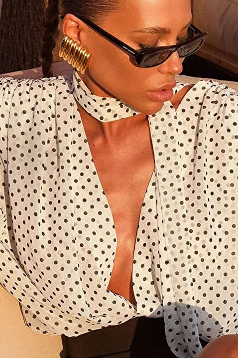 VIALINA női fehér pöttyös blúz V-nyakkal, látványos megköthető masnival, Szín: fehér/fekete, IVET.HU - A te online butikod.