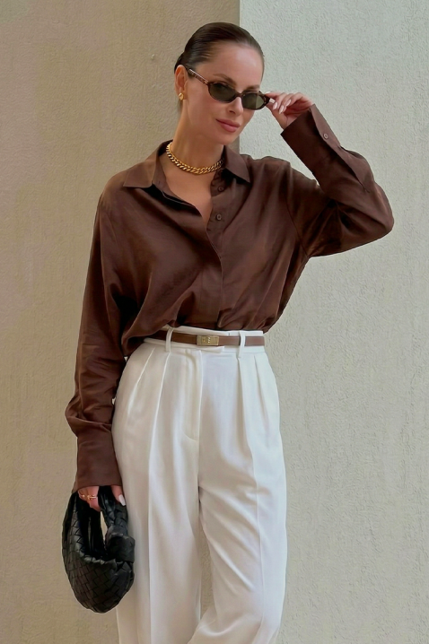 AYANDA BROWN elegáns, hosszú ujjú női szatén blúz, Szín: barna, IVET.HU - A te online butikod.