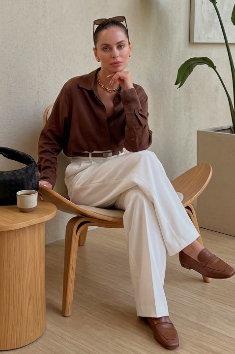 AYANDA BROWN elegáns, hosszú ujjú női szatén blúz, Szín: barna, IVET.HU - A te online butikod.