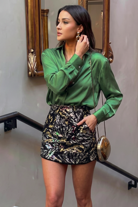 AYANDA GREEN elegáns, hosszú ujjú női szatén blúz, Szín: zöld, IVET.HU - A te online butikod.