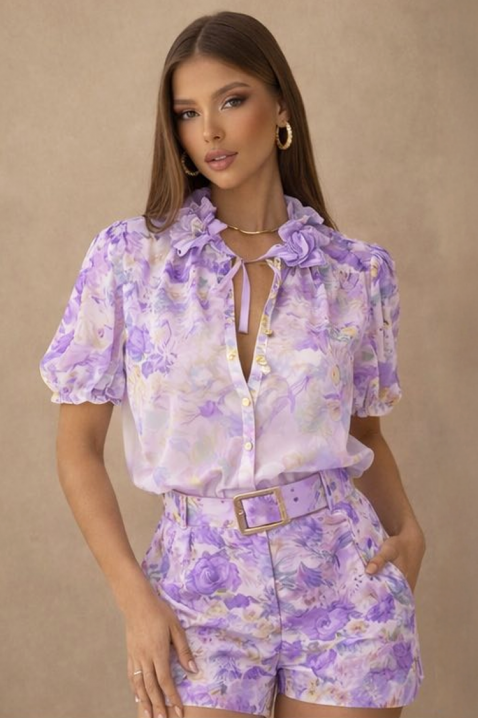 JULIENA LILA női légies virágmintás szett blúzzal és rövidnadrággal, Szín: lila, IVET.HU - A te online butikod.