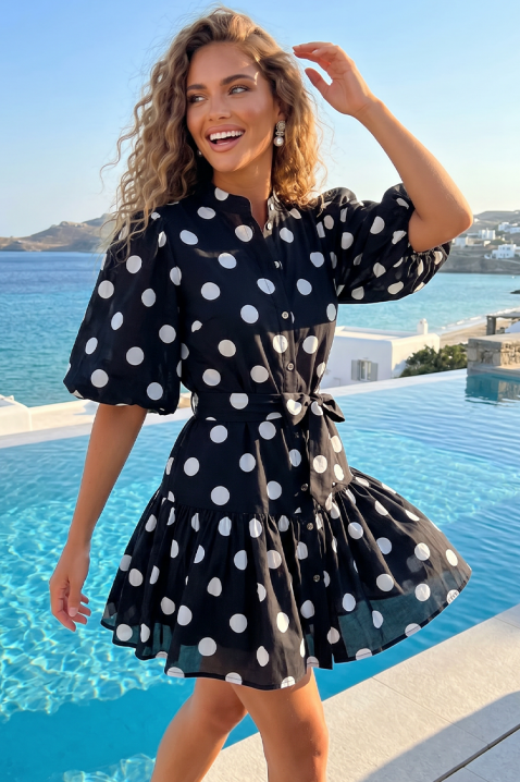 SUNY BLACK pöttyös mintás, puffos ujjú ruha, Szín: fekete, IVET.HU - A te online butikod.