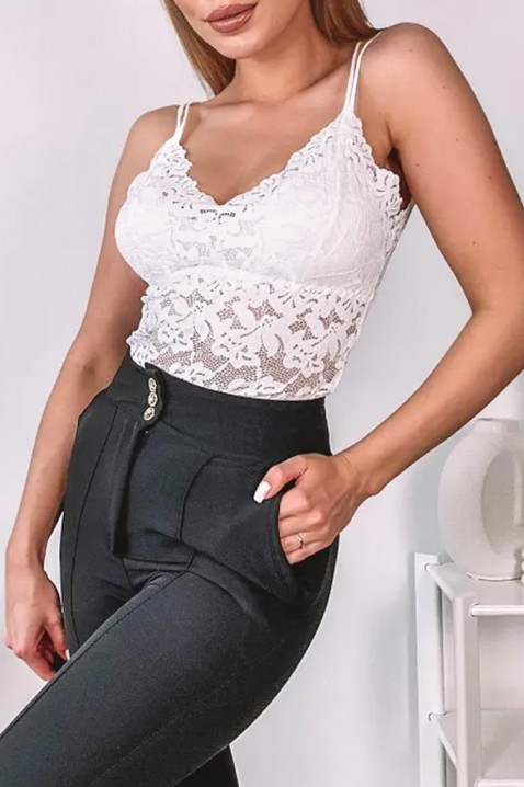 CALVESA ECRU elegáns csipkés női felső vékony pántokkal, látványos hátrésszel, Szín: ekrü, IVET.HU - A te online butikod.