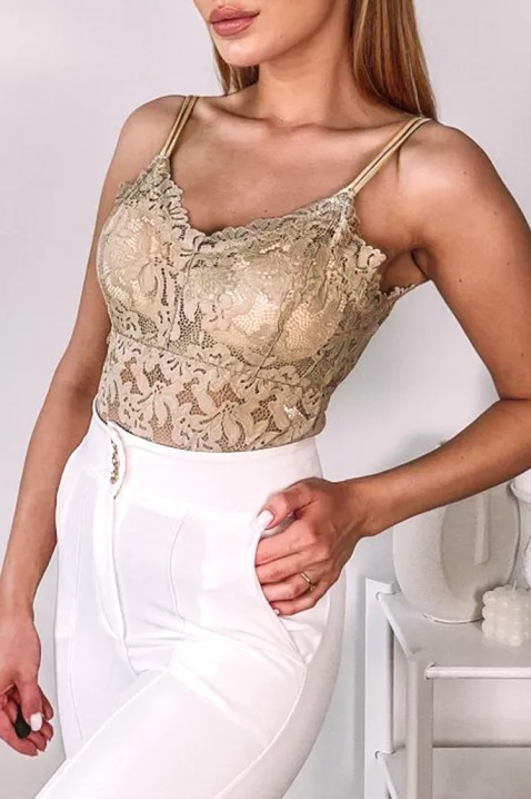 CALVESA BEIGE elegáns csipkés női felső vékony pántokkal, látványos hátrésszelIVET.HU - A te online butikod.