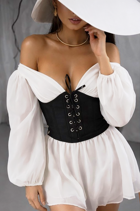 SOLZIRA rövid ruha fűzővel, ejtett vállal és légies ujjakkal, Szín: ekrü, IVET.HU - A te online butikod.