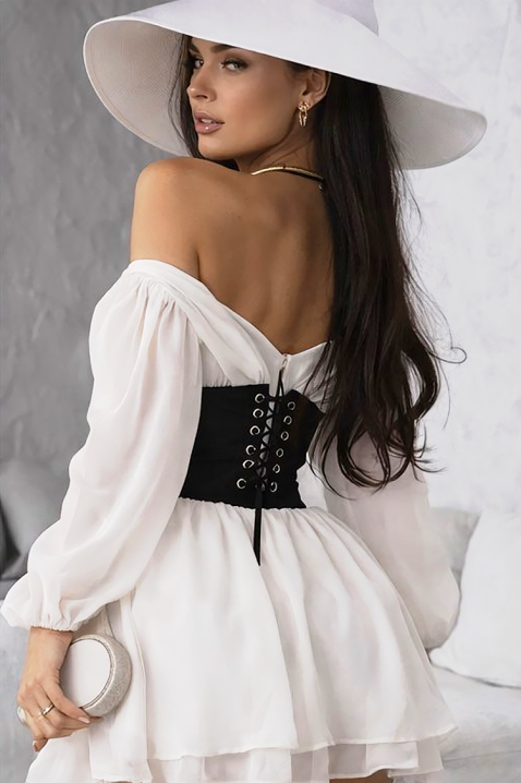 SOLZIRA rövid ruha fűzővel, ejtett vállal és légies ujjakkal, Szín: ekrü, IVET.HU - A te online butikod.