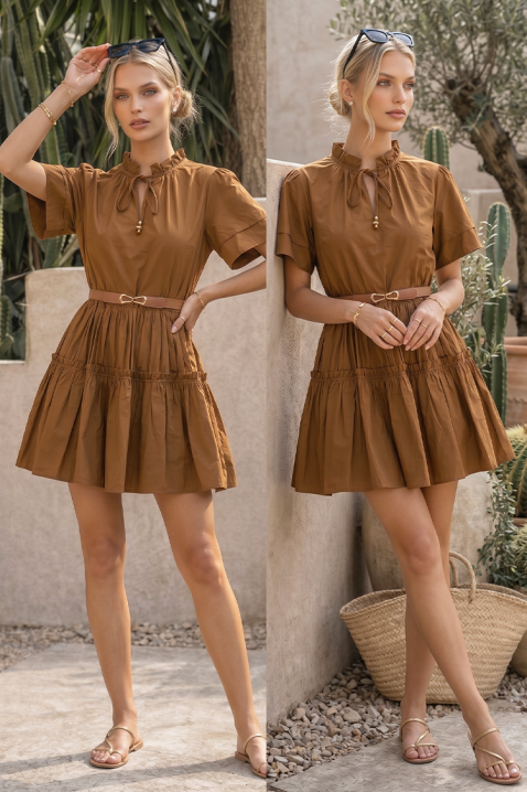 AXIMENA BROWN rövid, bő ruha látványos fodorral, Szín: barna, IVET.HU - A te online butikod.