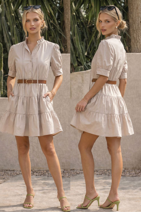 AXIMENA BEIGE rövid, bő ruha látványos fodorral, Szín: bézs, IVET.HU - A te online butikod.