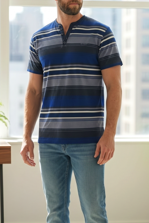 BLUFEGO klasszikus férfi csíkos rövid ujjú póló, Szín: kék, IVET.HU - A te online butikod.
