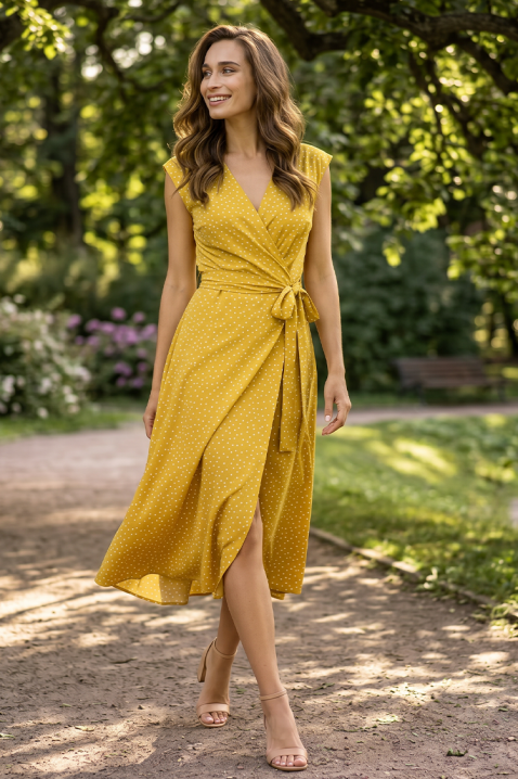 HOLYANA YELLOW légies midi ruha pöttyökkel, átlaolós fazonú, Szín: sárga, IVET.HU - A te online butikod.