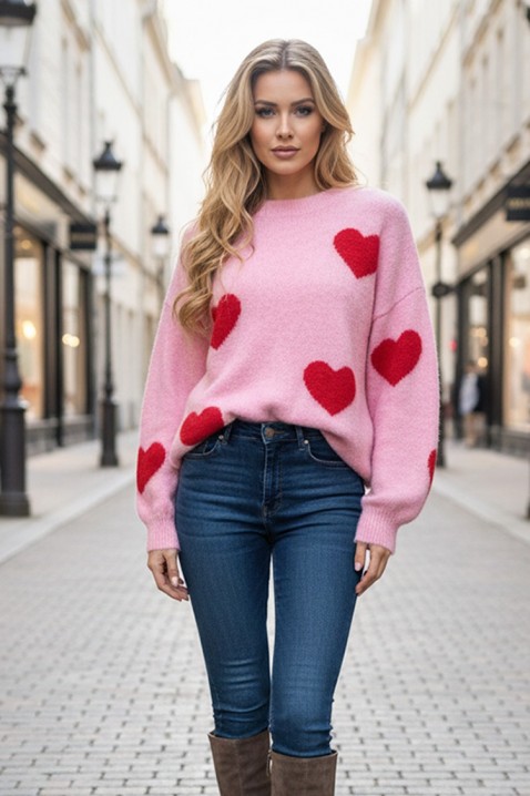 VILERIA PINK női kötött pulóver szív mintával, Szín: rózsaszín, IVET.HU - A te online butikod.
