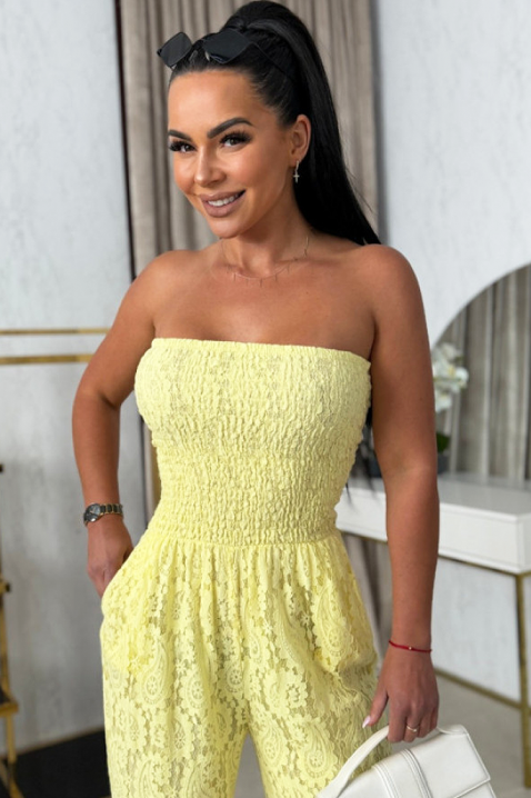 IVETE YELLOW látványos csipkés overál széles szárral, Szín: sárga, IVET.HU - A te online butikod.