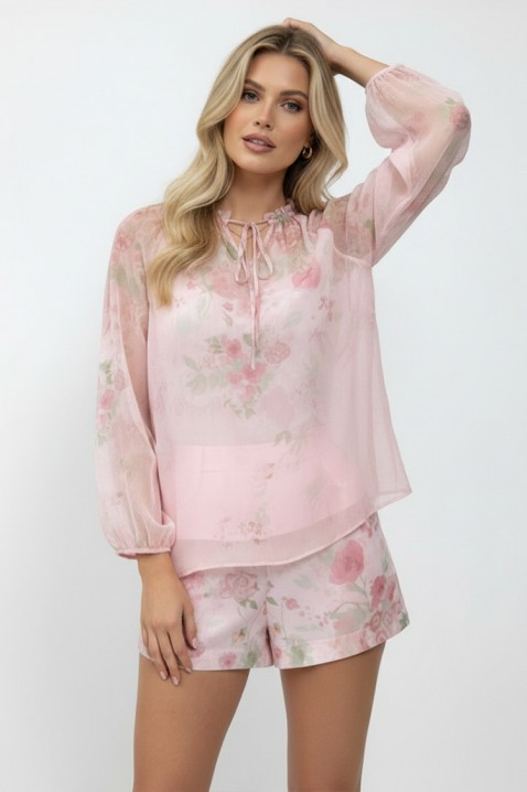 LORIAVA PINK női blúz és rövidnadrág szett finom virágmintával, Szín: rózsaszín, IVET.HU - A te online butikod.