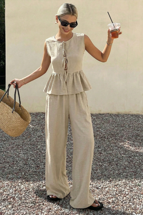 NOVENTA BEIGE lezser női szett bő nadrággal, peplum szegéllyel, Szín: bézs, IVET.HU - A te online butikod.