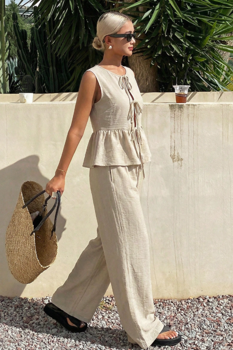 NOVENTA BEIGE lezser női szett bő nadrággal, peplum szegéllyel, Szín: bézs, IVET.HU - A te online butikod.