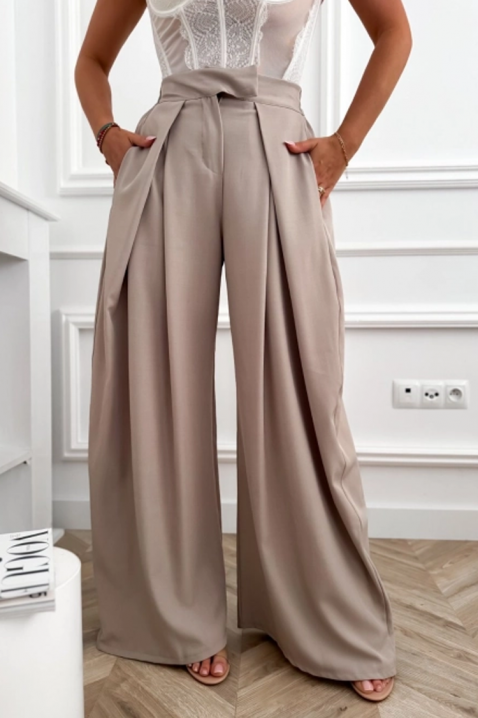 JOLYNE BEIGE elegáns női nadrág magas derekú és széles szárú, Szín: bézs, IVET.HU - A te online butikod.