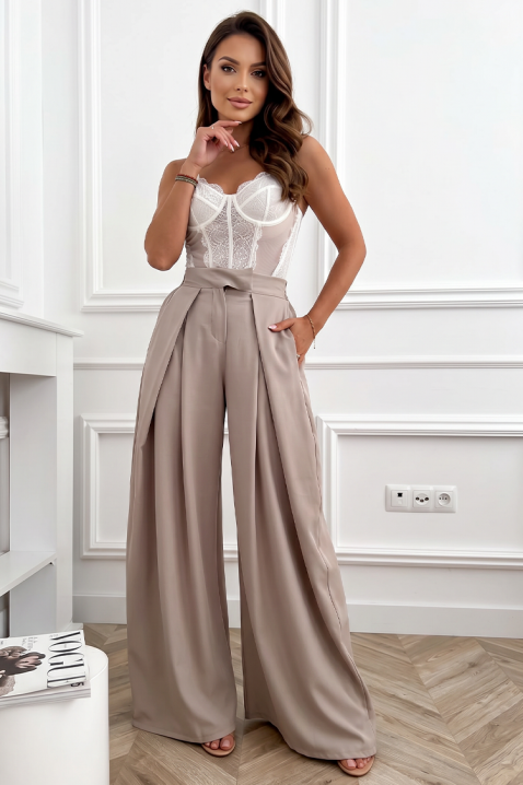 JOLYNE BEIGE elegáns női nadrág magas derekú és széles szárú, Szín: bézs, IVET.HU - A te online butikod.
