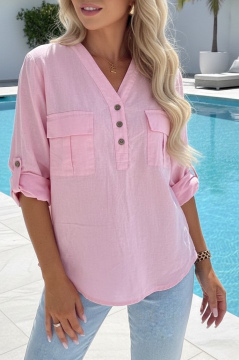 SHEYLA PINK sportos-elegáns női blúz, felhajtható ujjal, Szín: rózsaszín, IVET.HU - A te online butikod.