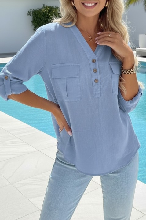 SHEYLA BLUE sportos-elegáns női blúz, felhajtható ujjal, Szín: kék, IVET.HU - A te online butikod.