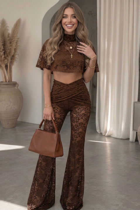 NATINA BROWN csipkés női crop-top felső és magas derekú nadrág, Szín: barna, IVET.HU - A te online butikod.