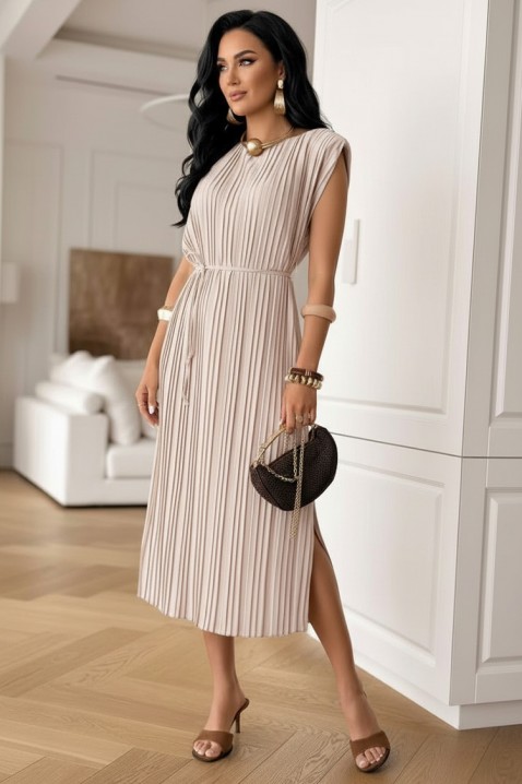 LORETIA BEIGE midi rakott ruha övvel, Szín: bézs, IVET.HU - A te online butikod.