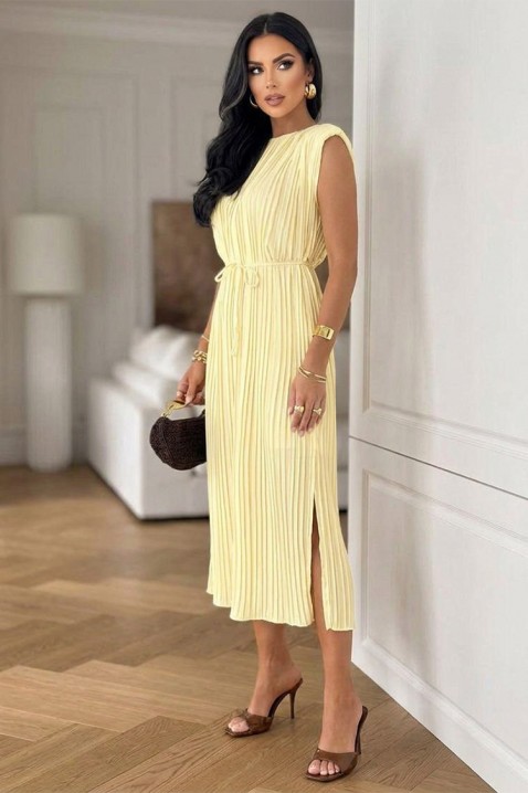 LORETIA BEIGE midi rakott ruha övvel, Szín: sárga, IVET.HU - A te online butikod.